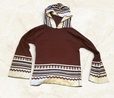 Vintage 1970s Maroon and Cream Aztec Print Hobbit Hoodie Boho Festival Hippie