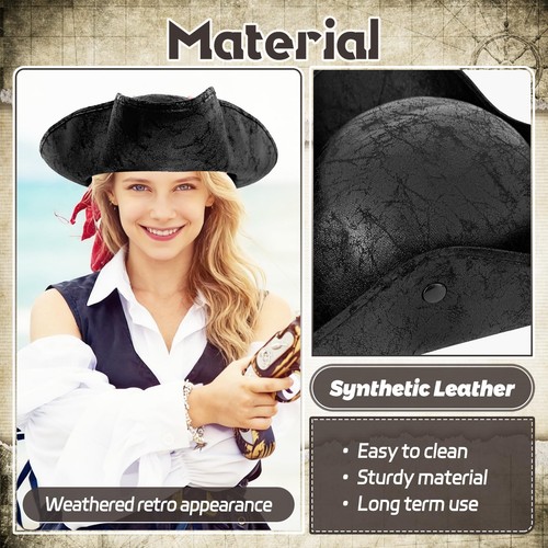 Xeehwb Black Pirate-Hat,Women Tricorn Leather Hat,Men Regular size, - Picture 3 of 7