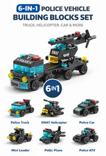 6 in 1 Police Vehicle Building Blocks Set Truck Helicopter Car Toy Bricks Kids
