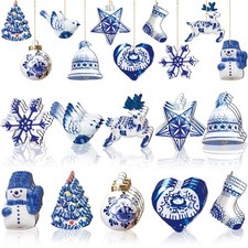 40 Pieces Christmas Chinoiserie Ornaments Blue and White Porcelain Wooden Orn...