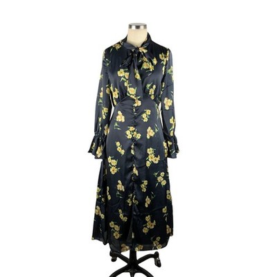 ALEXIA ADMOR Midi Dress Black Yellow Floral Long Sleeve 8 NWT