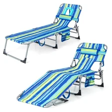 Goplus 2PCS Outdoor Beach Lounge Chair Folding Chaise Lounge w/ Pillow Blue &