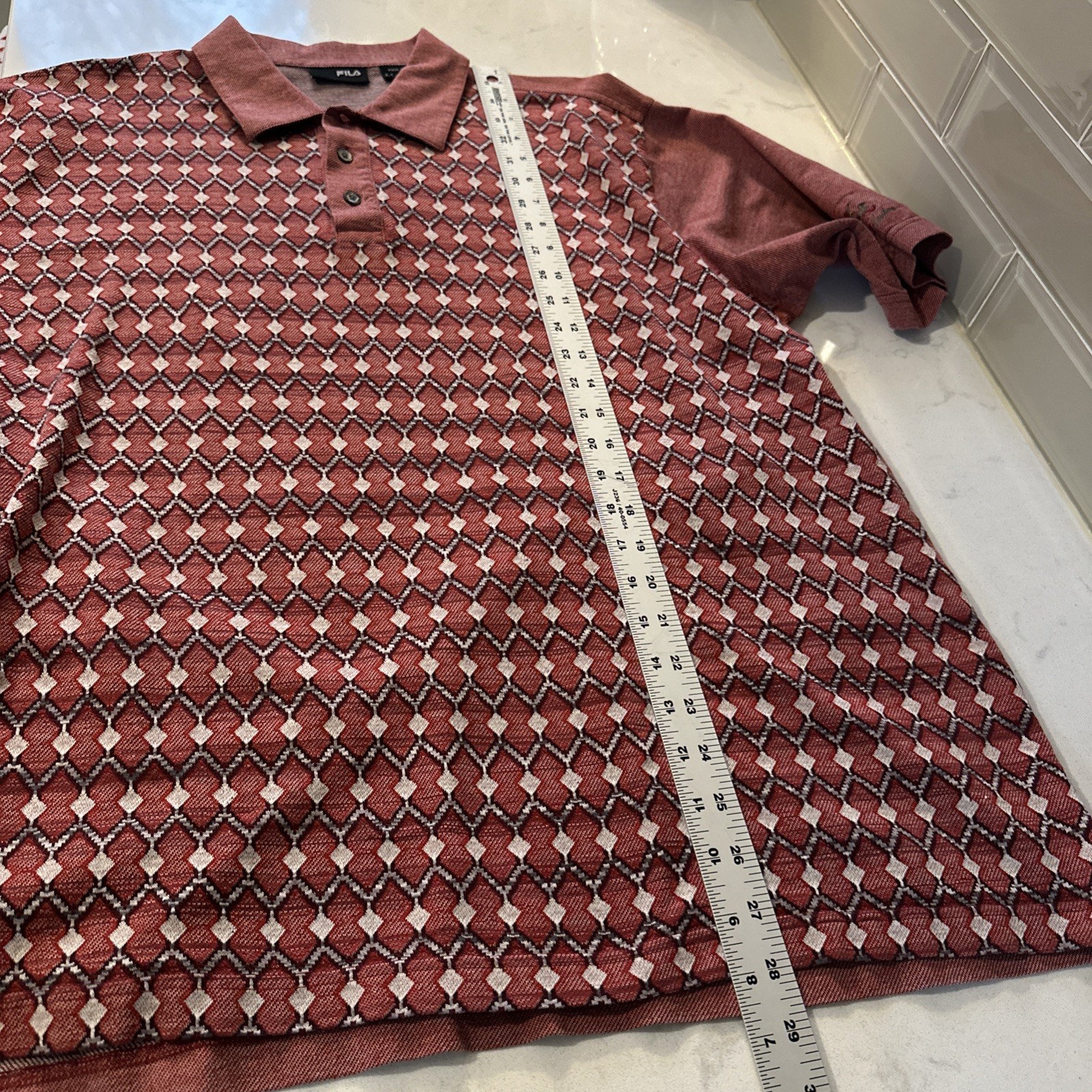 FILA Red Geometric Pattern 100percent MERCERIZED-COTTON Polo Size Large RARE image 8