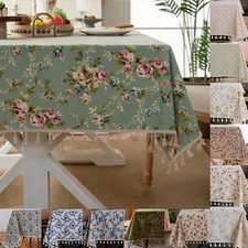 Spring Floral Cotton Linen Tablecloth Rectangle Round Dining Table Cover Tassels