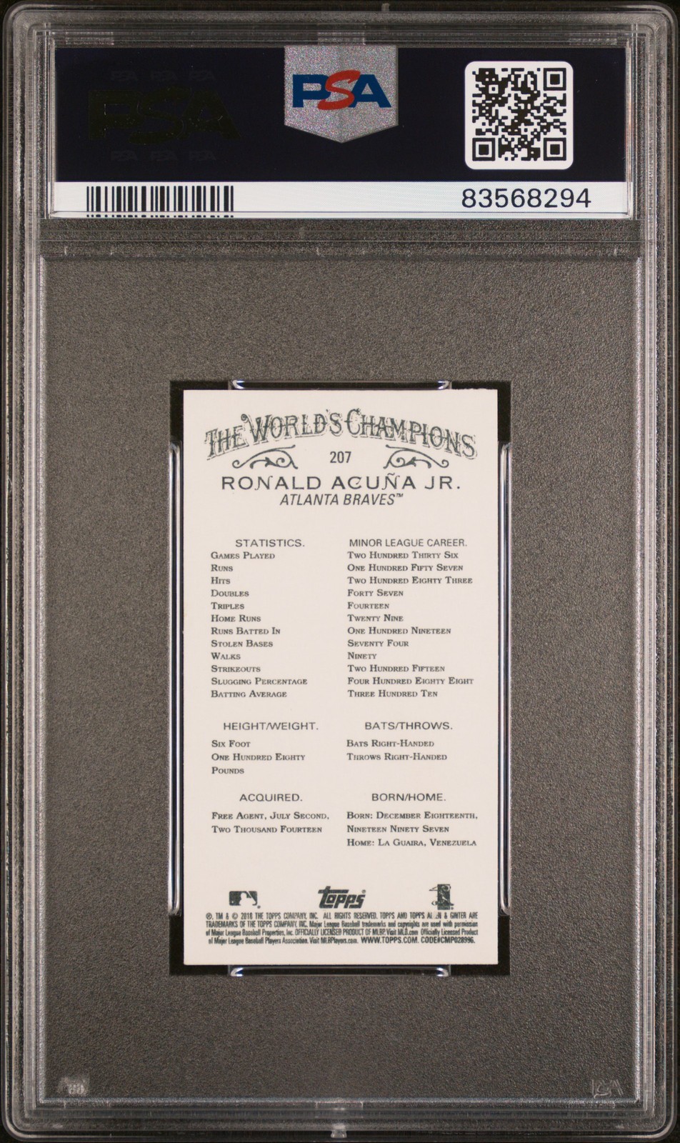 2018 TOPPS ALLEN & GINTER MINI #207 RONALD ACUNA JR. ROOKIE RC PSA 9 view 2