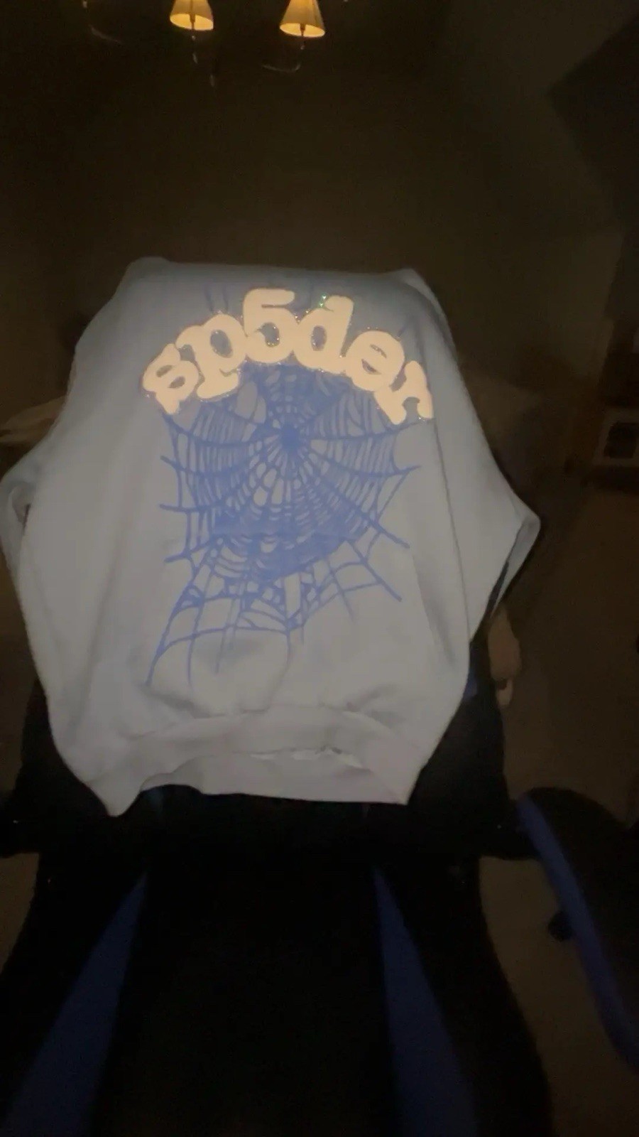 sp5der Pullover Hoodie M Gray/Blue Spiderweb Graphic Rhinestone Fleece