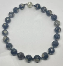 Natural 16mm Round Black Cream Vein Agate Rhinestone Magnetic Clasp 18" Necklace