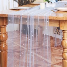 3pcs Blue Pearl Table Runner 120 Inch Long Boho Rustic Tulle Lace Table Runne...