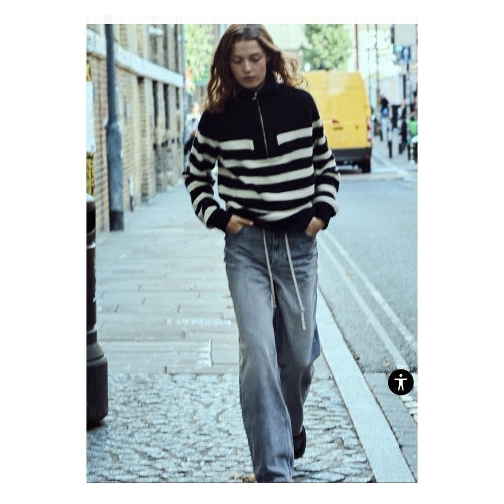 Zara Navy Blue White Striped 1/4 Zip Oversized Knit Sweater Size XL image 4