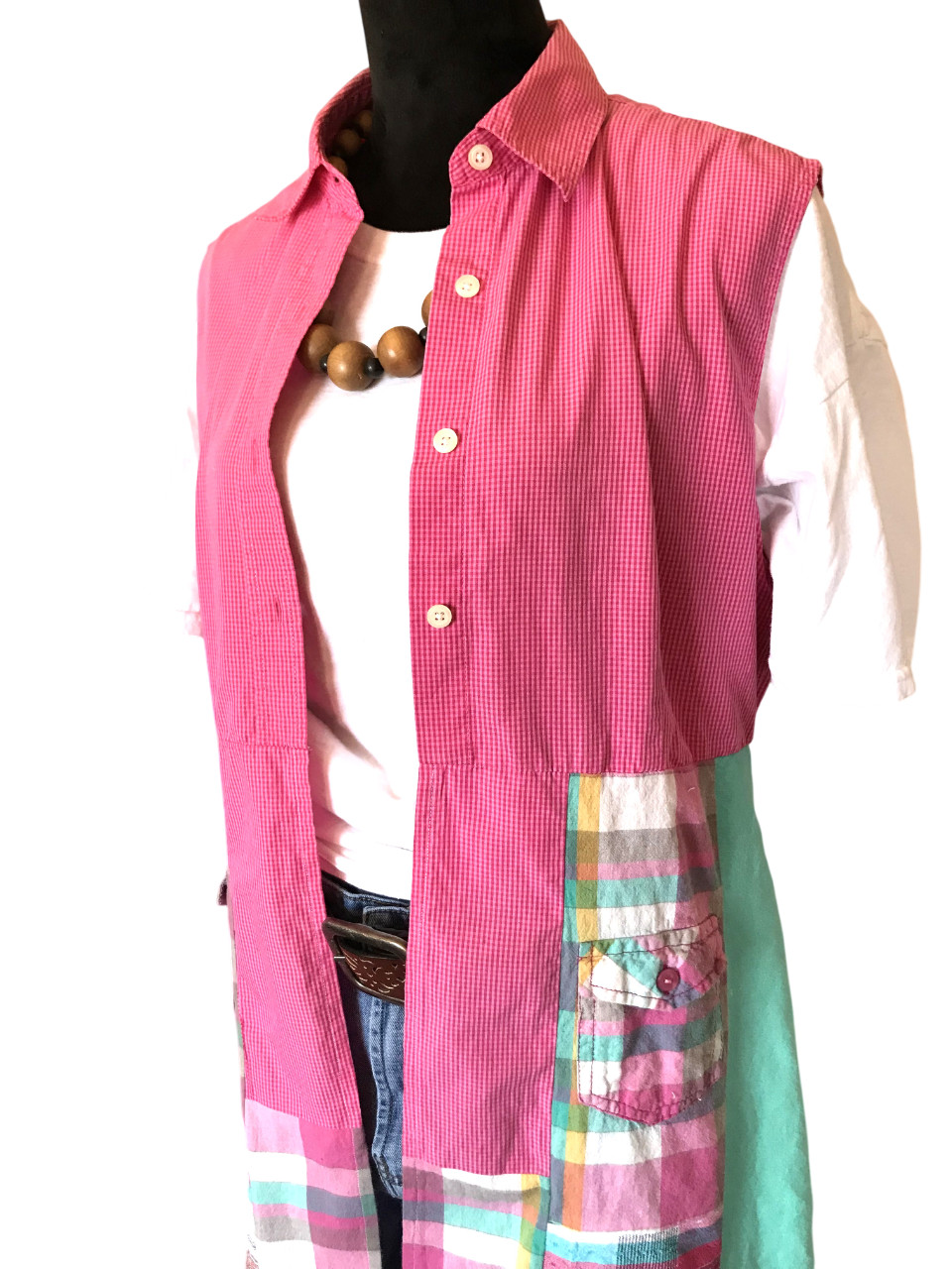 Patchwork Boho Duster: Handmade Pink Aqua Plaid S… - image 10