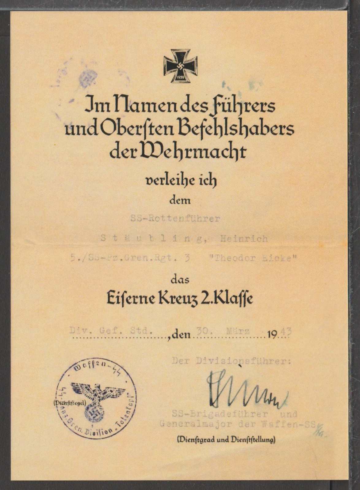 ✔️ GERMANY 3. Reich WWII Theodor Eicke RARE SIGNATURE POSTCARD - REPRODUCTION!!