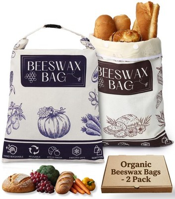 2 Pack Organic Beeswax Bread Bags for Bread & Sourdough, Large Linen Reusable...