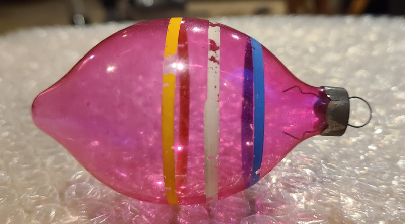 Bright Pink Unsilvered w/Painted Stripes  Glass Christmas Ornament-Made in USA