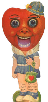 Vintage Valentine Die Cut Mechanical Card Anthropomorphic Heart Face Girl c1930s