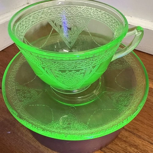 Georgian Love Birds Federal Glass Company Uranium Glass Green Cup & Saucer