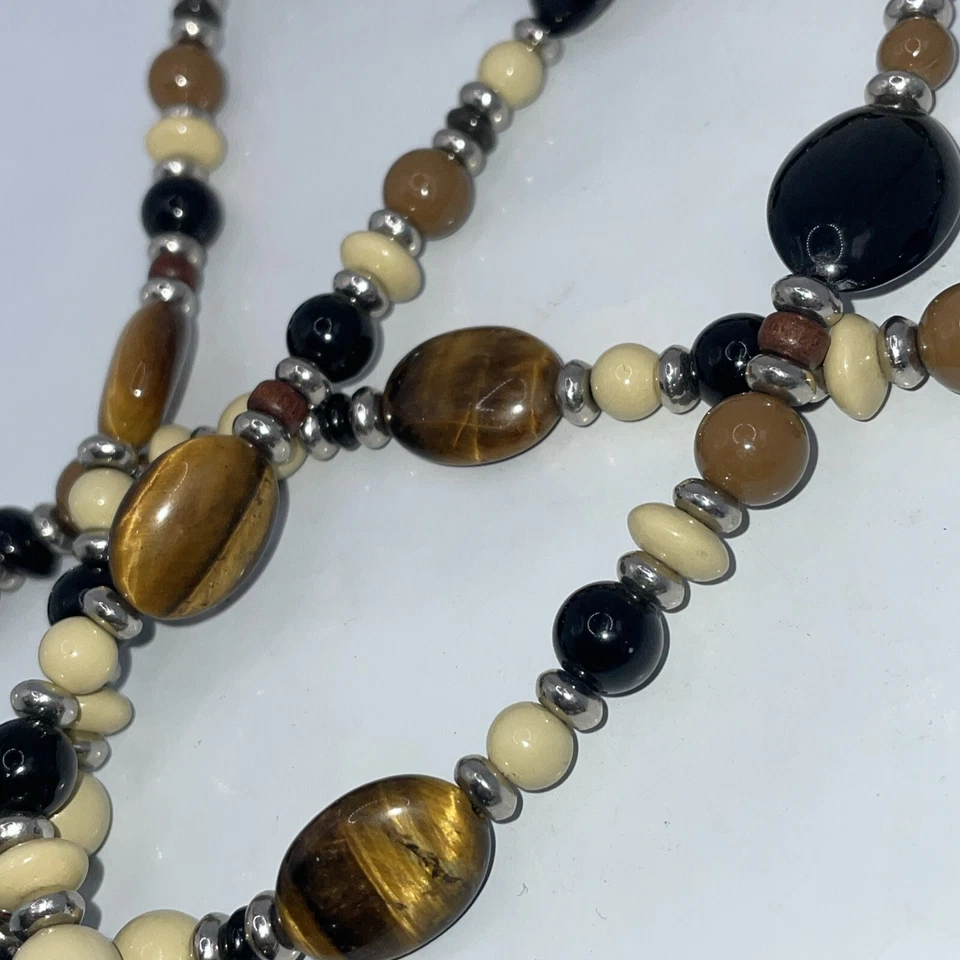 Collar largo CHAPS ojo de tigre marrón piedra negro cuentas ovaladas tribal occidental 36 pulgadas Foto 3 de 4