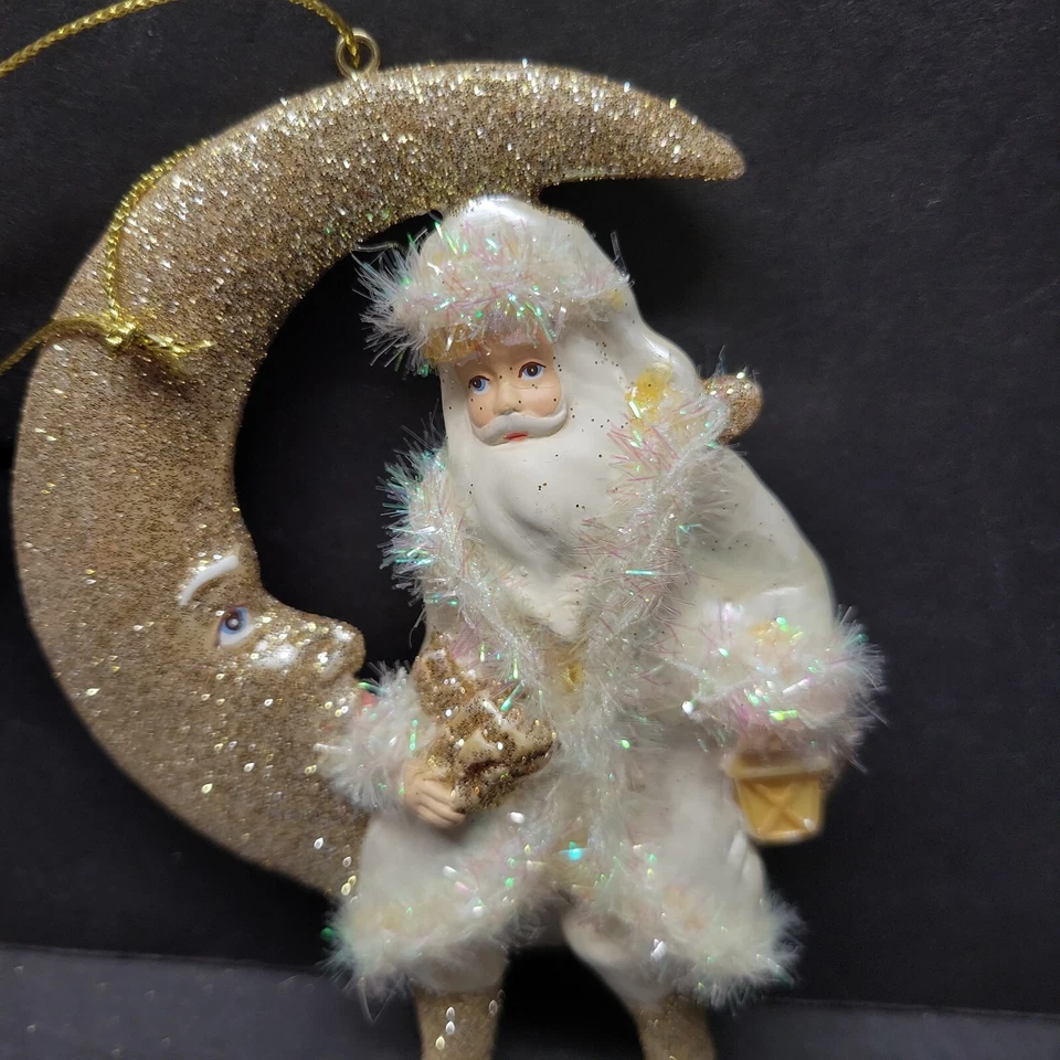PIER 1 Santa Sitting On The Moon Christmas Tinsel Tree Ornaments Gold Glitter - Image 2 of 4
