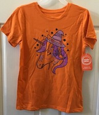 Girls Large 10-12, XL 14-16, OR XXL 18 Orange Halloween Unicorn Shirt Witch