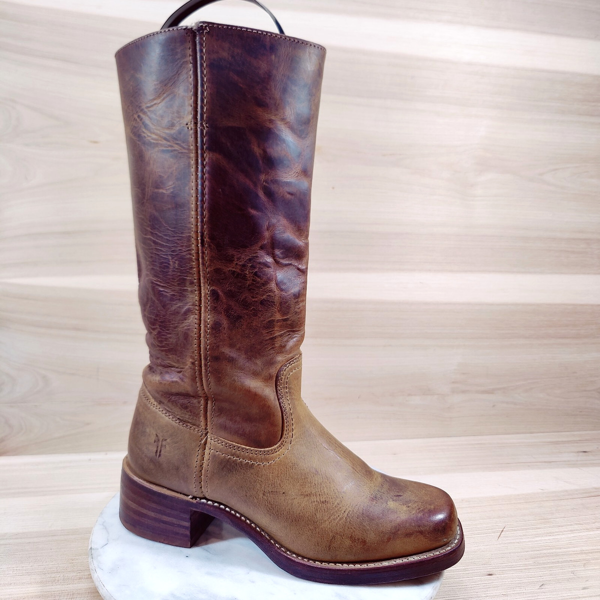 Vtg Frye Campus 14L Boots Womens M Golden Brown Square Toe Western  DISTRESSED