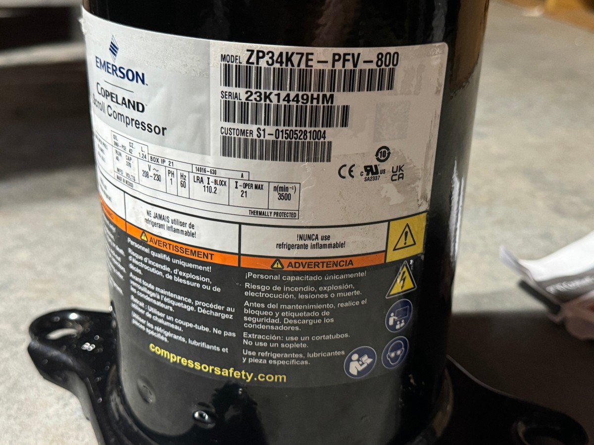 Copeland Scroll Compressor 3 Ton 208-230V 1 Phase R410A ZP34K7E