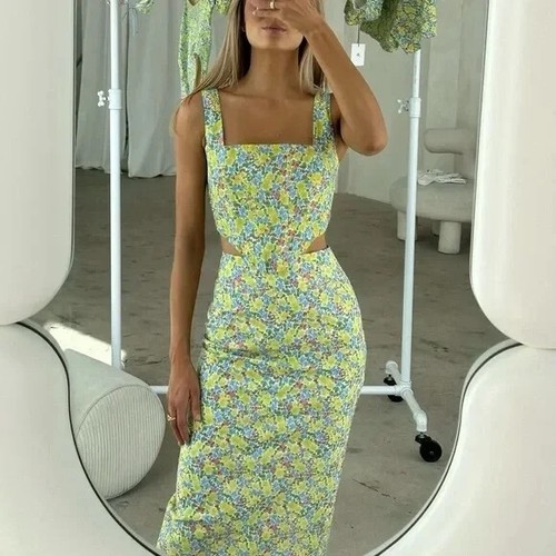 YLLW Lino Andie Floreale Lacci Corsetto Top e Midi Gonna a Matita Set Medio/Grande - Foto 2 di 16