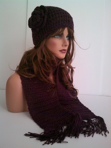 PLUM WINE HAND CROCHET FLOWER HAT AND SCARF SET BEANIE SKULL SKI CAP TAM - Picture 4 of 6
