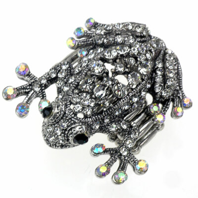 Stylischer Girlie- Ring mit süßem Frosch, Silver Frog, mit Strass