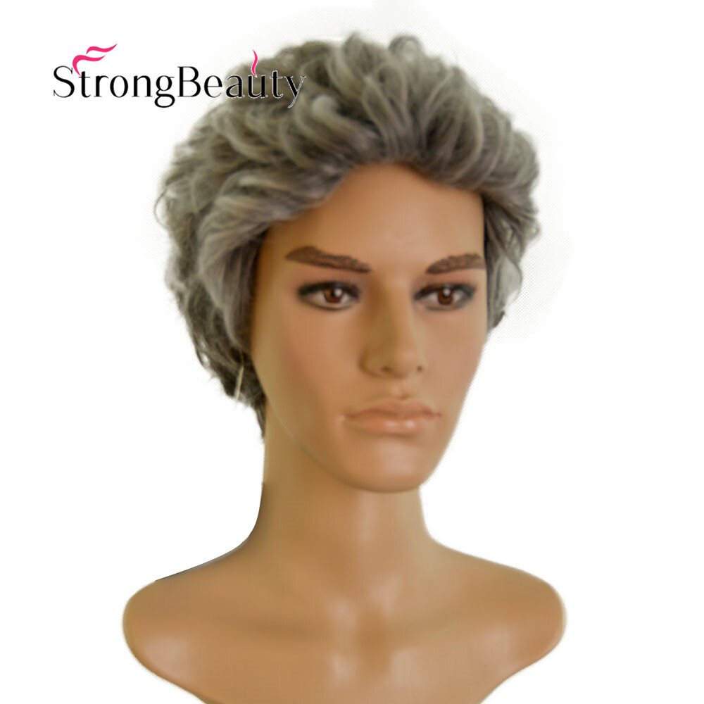 Short Ombre Silver Grey Wigs for Men Natural Gray Hair Synthetic Wavy Men Wigs eBay