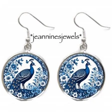 Peacock Earrings Delft Blue White Vintage Art Print Silver Charm Dangle Earrings