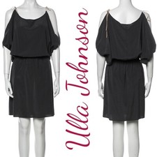ULLA JOHNSON 100% Silk Slate Gray Boho Open Shoulder Mini Dress, Size 6