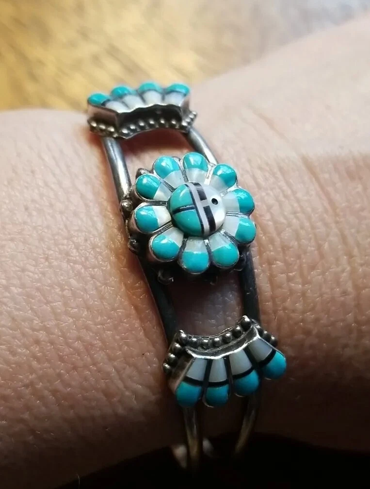 Native American Sterling Zuni Turquoise Sun Sun Face Inlay Cuff Bracelet Gasper