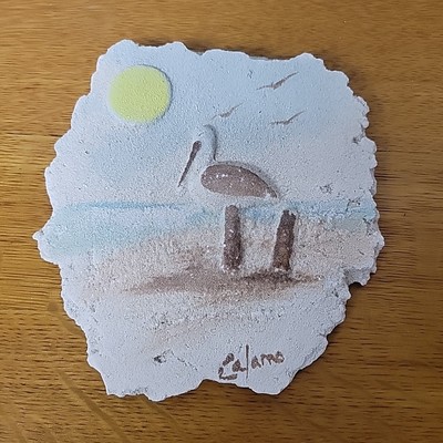 Painted 3D Pelican Painted Beach Scene Wall Plaque on Plaster Sand Signed Ca/amo