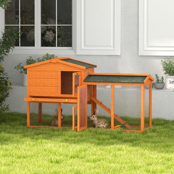Pawhut Hasenstall 2 Ebenen Kaninchenstall Aus Tannenholz Winterfest Orange-image