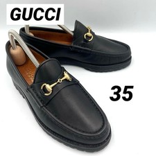 Auth GUCCI Women's Vintage Bit Loafers Black Logo Leather EU35 US5 UK2
