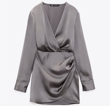 ZARA Charcoal Gray Wrap Front Satin Effect Mini Dress | Size Small