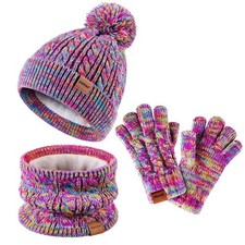 Girls Winter Hat, Gloves  Scarf Set - Fleece Lined 2-8 Years, Rainbow Mix