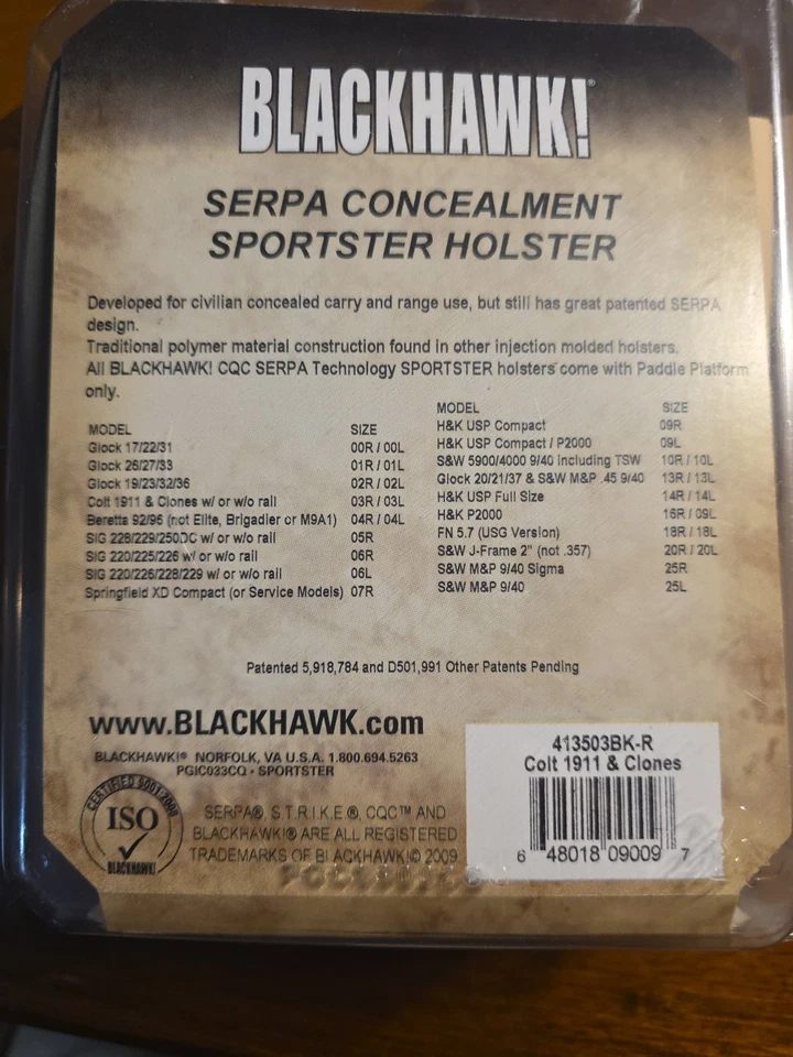 BLACKHAWK! Funda Serpa Nivel 2 Sportster Mano Derecha Colt 1911 y Clones Foto 2 de 4