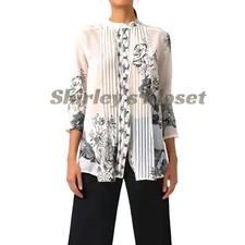 CITRON SANTA MONICA Silk Cotton Tunic Top Ivory Black Floral Sheer Pleated sz M