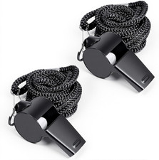 2 Pack Stainless Steel Black Whistle with Lanyard Loud Crisp Sound Referee Coach