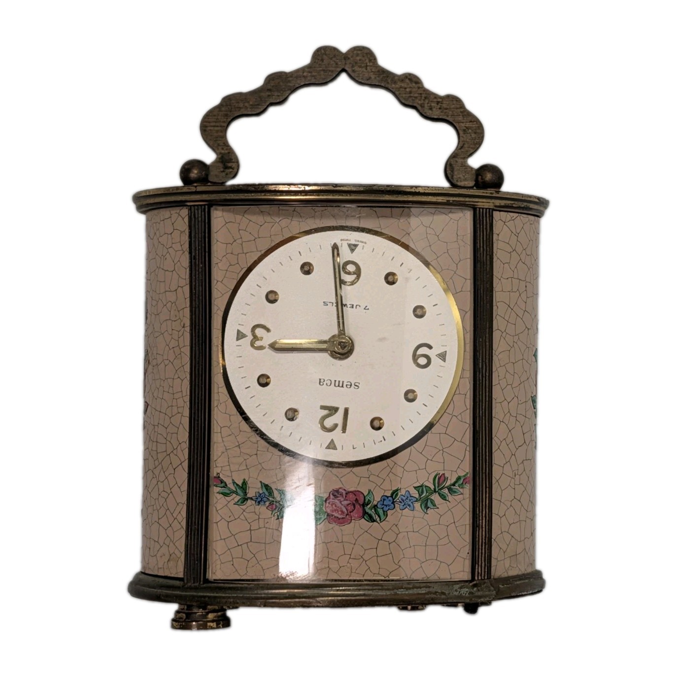 Vintage Semca Swiss 7 Jewels Musical Alarm Clock Eggshell Crackle Enamel Floral