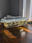 vintage PYREX needlepoint  2 QT Yellow Floral Casserole Dish + Lid &Metal Rack