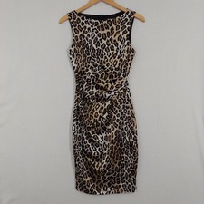 Vintage Y2K Cache Leopard Print Dress Bodycon Womens 6 Ruched Sheath Stretch USA