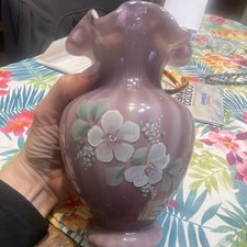 Fenton Hand Painted Hand Blown Purple Floral Art Glass Vase Signed
