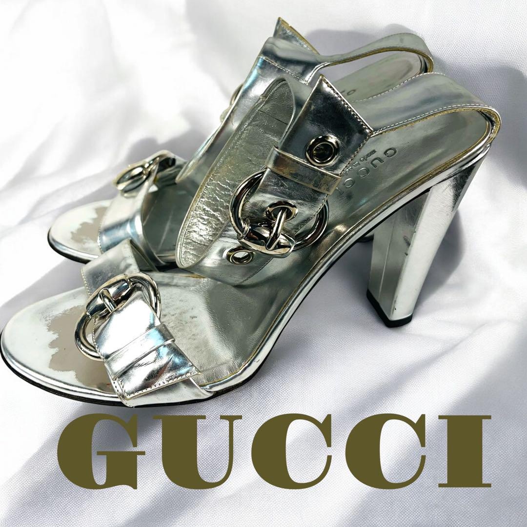 Gucci Silver Women Heel Mule Sandals Size 37 Ag1115 Pre-Owned