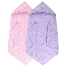2 Pack Hooded Muslin Cotton Baby Towels, 32x32Inch, Pink Purple
