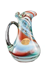 Handblown 7.25" Swirl Art Glass Pitcher Vase Red Blue Green White Applied Handle