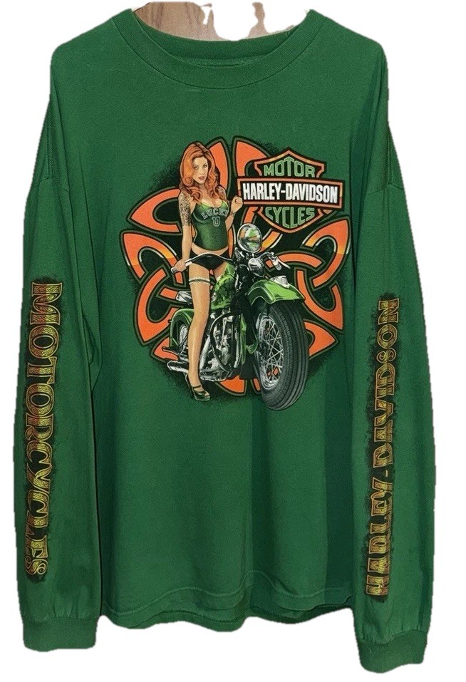 Y2K Harley-Davidson Men's Long Sleeve T-Shirt Green Men’s Size 2XL!