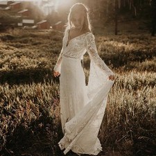 Long Sleeved Sexy Lace Bohemian Wedding Dress with Backless V-neck Bridal Gown