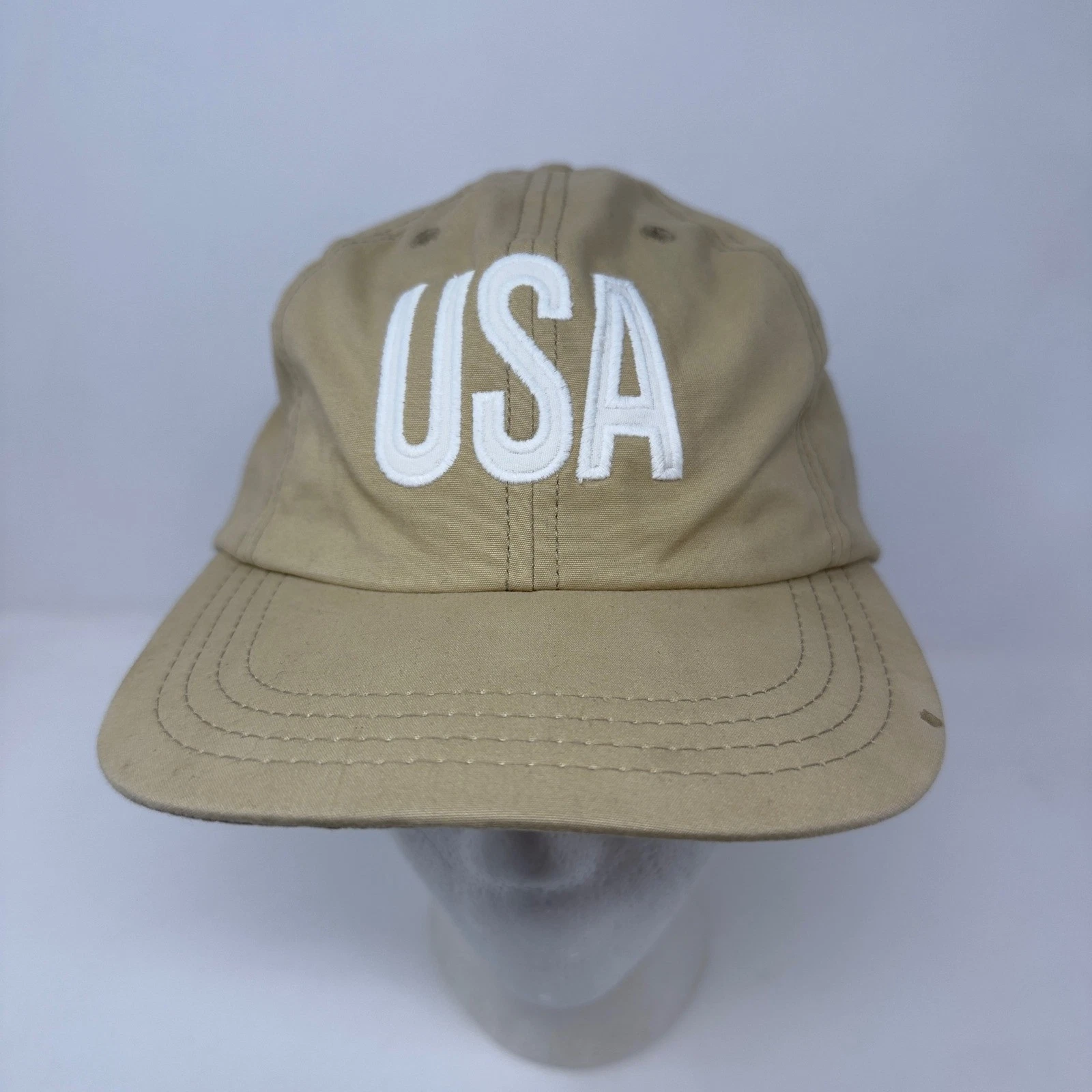 Rare Vintage Polo Sport Ralph Lauren USA Logo Tan Hat Cap Buckle Back Strap