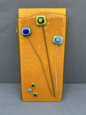 FUSED GLASS Rectangular 12'' ART PANEL Orange ABSTRACT Signed DECORATIVE PLATE